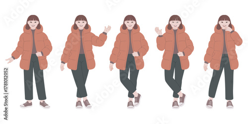 Flat design illustrations of a smiling woman in a warm winter jacket, posing