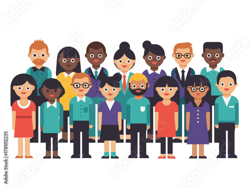 Vector illustration showing a large, colorful crowd of people with varied skin tones and clothing, representing global diversity and population.