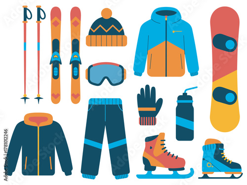 Flat design illustration of essential winter sports gear and clothing collection for cold weather activities