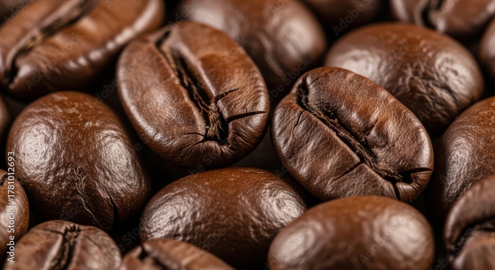 Naklejka premium Close-up of roasted coffee beans with rich texture and dark brown hues