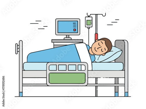 Line art style vector illustration of an elderly or ill patient lying in a hospital bed with an IV drip and a medical monitor. Represents intensive care or long-term treatment.