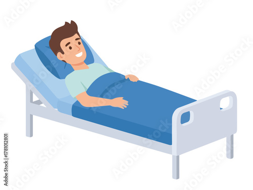 Flat vector illustration of a happy or recovering patient smiling while resting in a blue hospital bed. Focuses on positive recovery and medical care.