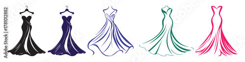 Collection of five elegant evening gowns in different colors