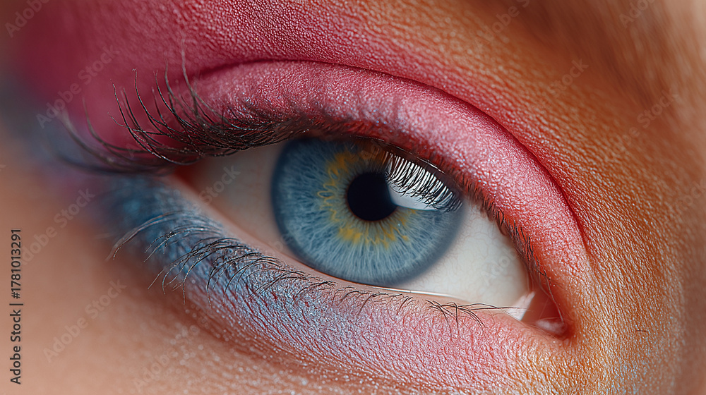 Fototapeta premium Close-up of blue eye with pink and blue eyeshadow