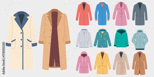 Winter Coat Fashion Flat Lay Illustration of Outerwear Collection