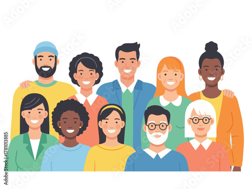 Flat vector illustration of a large, diverse group of people (multi-ethnic, various ages) smiling happily. Represents community, diversity, society, or population.