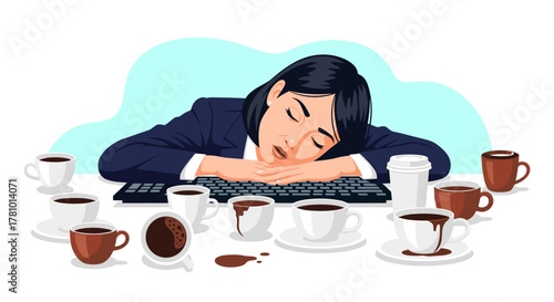 A tired Asian businesswoman is overwhelmed by work, experiencing burnout and stress while surrounded by numerous cups of coffee in the office.