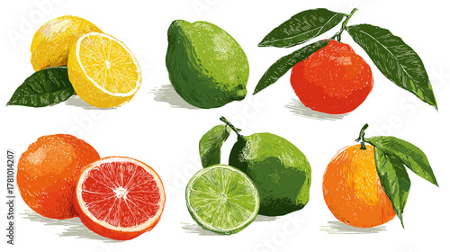 Vector illustration of a set of different citrus fruits