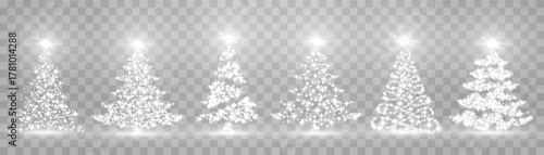 Vector Christmas tree made of glowing lights. Bright shiny Christmas light. Glittering lights in the form of a Christmas tree. White glowing spruce luxurious design. Vector on png background.