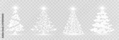 Vector Christmas tree made of glowing lights. Bright shiny Christmas light. Glittering lights in the form of a Christmas tree. White glowing spruce luxurious design. Vector on png background.