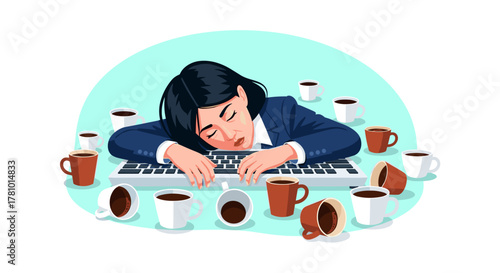 An exhausted Asian businesswoman succumbs to burnout, overwhelmed by work stress and caffeine overload, resting her head on her keyboard amidst empty coffee cups.