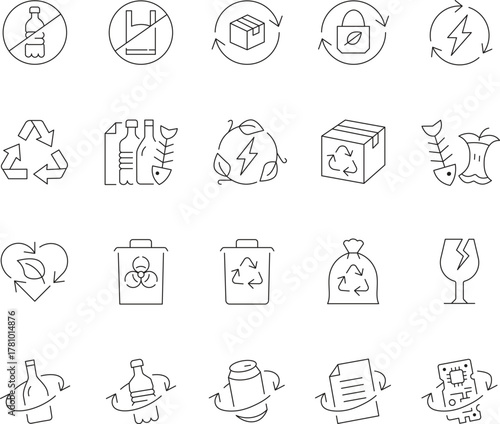 Collection of editable line icons representing recycling and zero waste concepts for eco friendly design projects