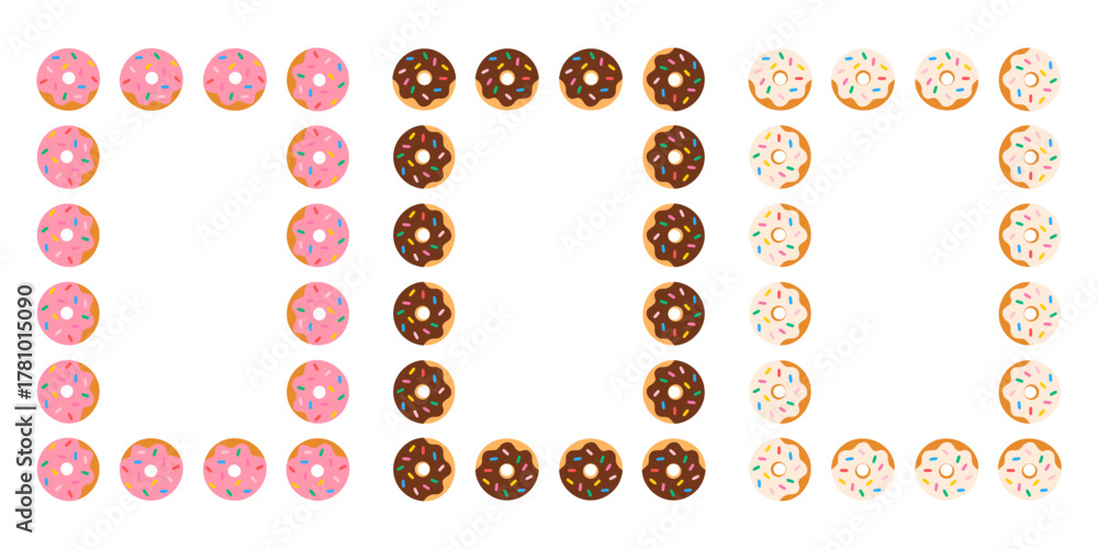 Fototapeta premium Vector frames made of colorful donuts, flat cartoon design, sweet dessert pattern for cafe, poster, packaging, and greeting card decoration.
