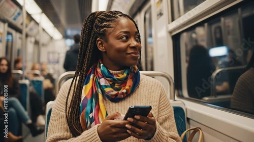 Woman using smartphone on train smiling female on public transportation mobile device and modern technology