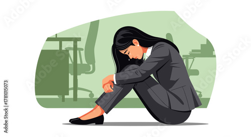 An adult Asian businesswoman is experiencing intense stress and burnout while at work, sitting on the floor in despair due to work overload.