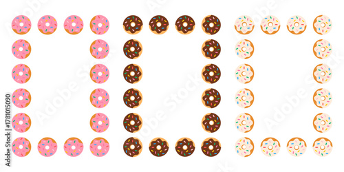 Vector frames made of colorful donuts, flat cartoon design, sweet dessert pattern for cafe, poster, packaging, and greeting card decoration.