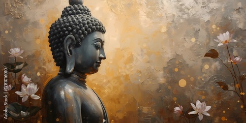 oil painting of a Buddha statue in side profile, illuminated by soft golden light, gentle bokeh effects surrounding the figure, silver brush textures blending