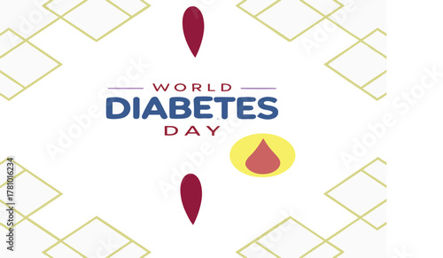 Modern geometric poster for World Diabetes Day featuring red blood drop symbol and minimal background for global health awareness campaigns.