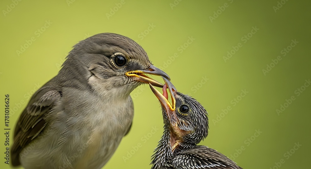 Fototapeta premium A tender moment as a parent bird feeds its hungry chick, showcasing natures nurturing instinct.