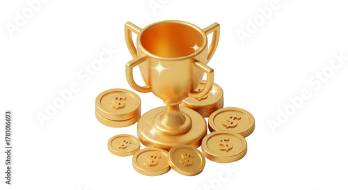 3d icon of golden trophy and dollar coins representing success, achievement, and financial reward isolated on transparent background