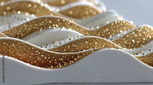 Glimmering golden waves dance under gentle light, creating a striking visual effect with a sparkling texture