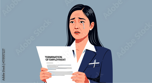 An adult Asian businesswoman experiences stress and burnout, shedding tears while holding a termination of employment document, reflecting workplace pressure.
