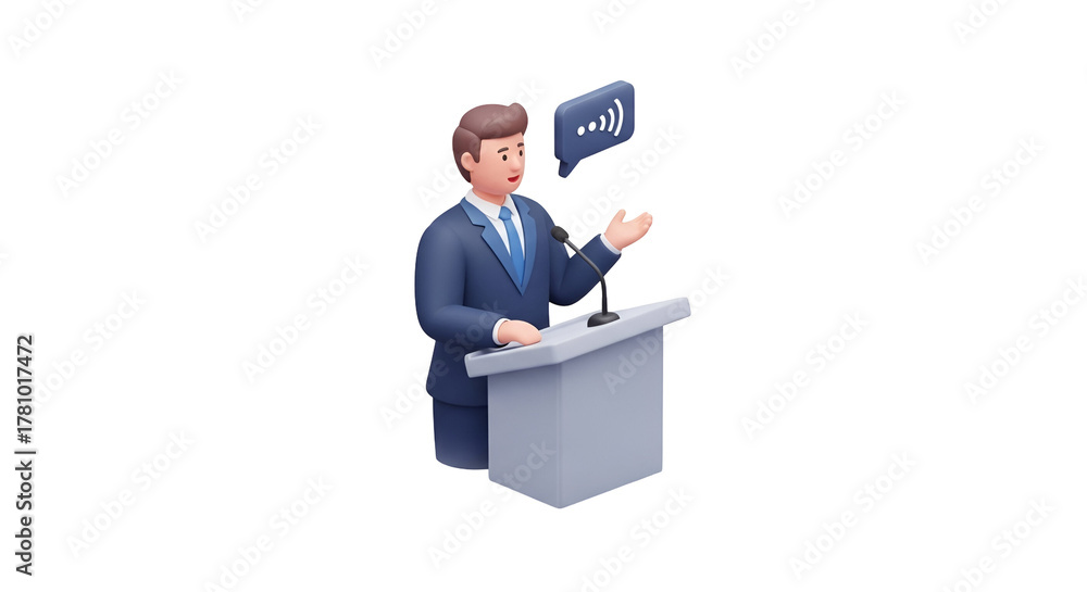 Obraz premium 3d icon of confident businessman giving a speech at a podium with a speech bubble isolated on transparent background