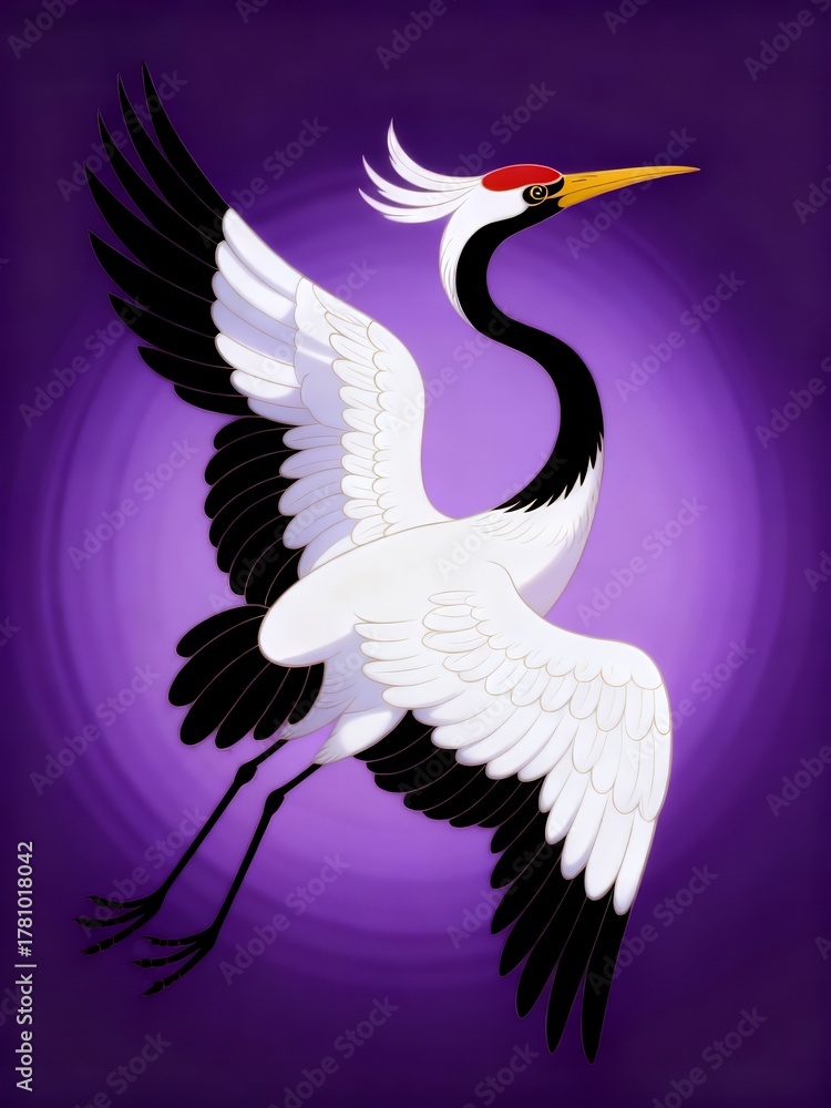 Obraz premium Crimson-Crested Crane: Elegant Flight on Purple Radiance