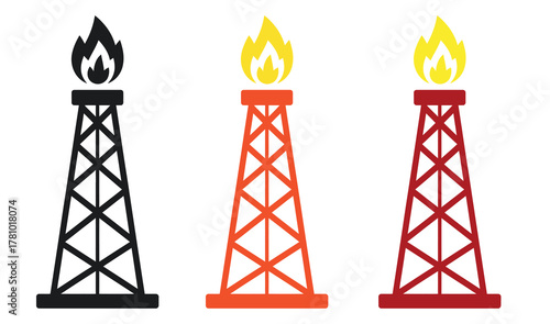 Oil derricks with flames offer a bold, modern graphic element for energy-related projects and industrial designs with bright colors and clean, minimalist style Vector.