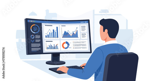 Analyst reviewing dashboard analytics with graphs and charts. Solid vector style, ideal for finance, analytics dashboards, fintech pitches
