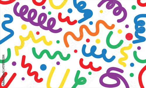 Vibrant Abstract Confetti and Streamers Seamless Pattern: Fun, Colorful Background for Party, Celebration, and Kids' Design