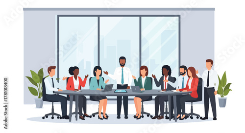 Flat vector of a business team collaborating around a meeting table with charts and ideas. Solid colors, no gradients, ideal for business presentations and corporate websites