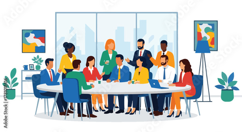 Flat vector of a business team collaborating around a meeting table with charts and ideas. Solid colors, no gradients, ideal for business presentations and corporate websites