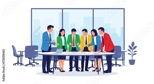 Flat vector of a business team collaborating around a meeting table with charts and ideas. Solid colors, no gradients, ideal for business presentations and corporate websites