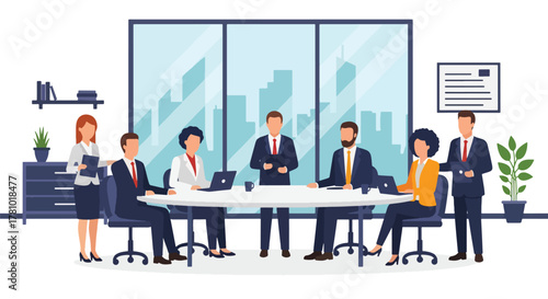 Flat vector of a business team collaborating around a meeting table with charts and ideas. Solid colors, no gradients, ideal for business presentations and corporate websites