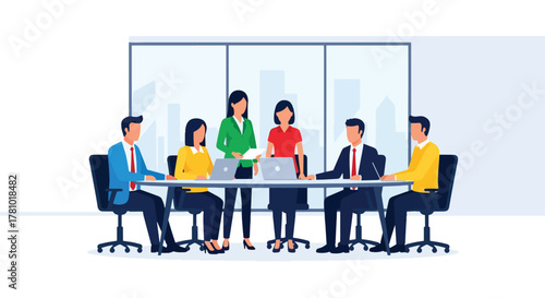 Flat vector of a business team collaborating around a meeting table with charts and ideas. Solid colors, no gradients, ideal for business presentations and corporate websites