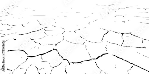 Black and white cracked dry earth texture background, drought soil surface pattern, environmental climate change concept, abstract broken ground detail illustration for nature design and editing use.
