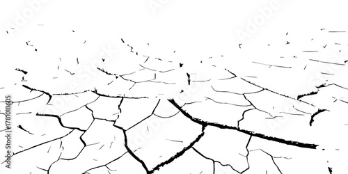 Black and white cracked dry earth texture background, drought soil surface pattern, environmental climate change concept, abstract broken ground detail illustration for nature design and editing use.