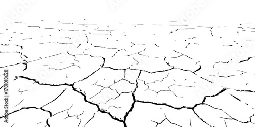 Black and white cracked dry earth texture background, drought soil surface pattern, environmental climate change concept, abstract broken ground detail illustration for nature design and editing use.