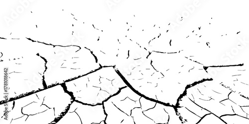 Black and white cracked dry earth texture background, drought soil surface pattern, environmental climate change concept, abstract broken ground detail illustration for nature design and editing use.