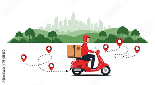 Courier delivering package on scooter with route line and location pin. Flat vector, ideal for delivery apps and logistics service promotions