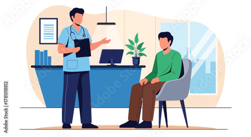 Doctor consulting patient with medical chart icons. Solid vector style, ideal for hospital websites, telehealth apps, health presentations