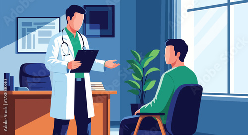 Doctor consulting patient with medical chart icons. Solid vector style, ideal for hospital websites, telehealth apps, health presentations