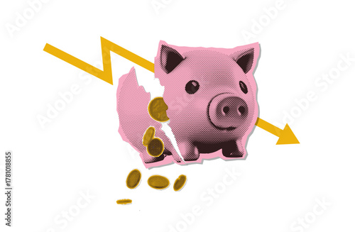 Halftone collage Pink piggy bank broken with coins falling out and down arrow, isolated vector illustrating financial loss, savings depletion, and economic hardship. Vintage paper concept