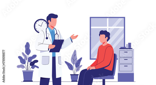 Doctor consulting patient with medical chart icons. Solid vector style, ideal for hospital websites, telehealth apps, health presentations