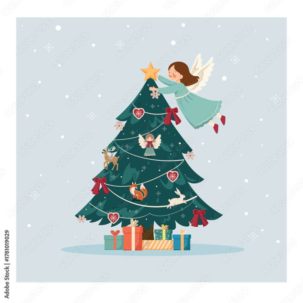 Fototapeta premium A festive illustration depicting an elegant Christmas tree and an angel putting a star on top of the tree. Vector illustration, New Year and Christmas holiday concept, postcard, banner, poster