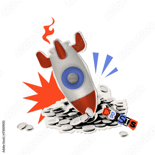 Metaphor of Startup Failed. Rocketship fall. Modern collage with halftone rocket crashed into a pile of coins. Cut out newspaper elements. Business failure concept. Vector grunge design with graffiti