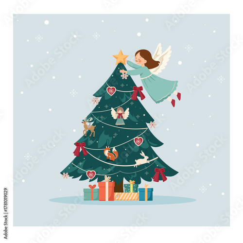 A festive illustration depicting an elegant Christmas tree and an angel putting a star on top of the tree. Vector illustration, New Year and Christmas holiday concept, postcard, banner, poster