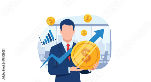 Investor holding coin with arrow showing financial growth. Flat vector, ideal for financial apps, fintech ads, investment presentations
