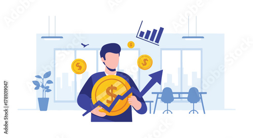 Investor holding coin with arrow showing financial growth. Flat vector, ideal for financial apps, fintech ads, investment presentations